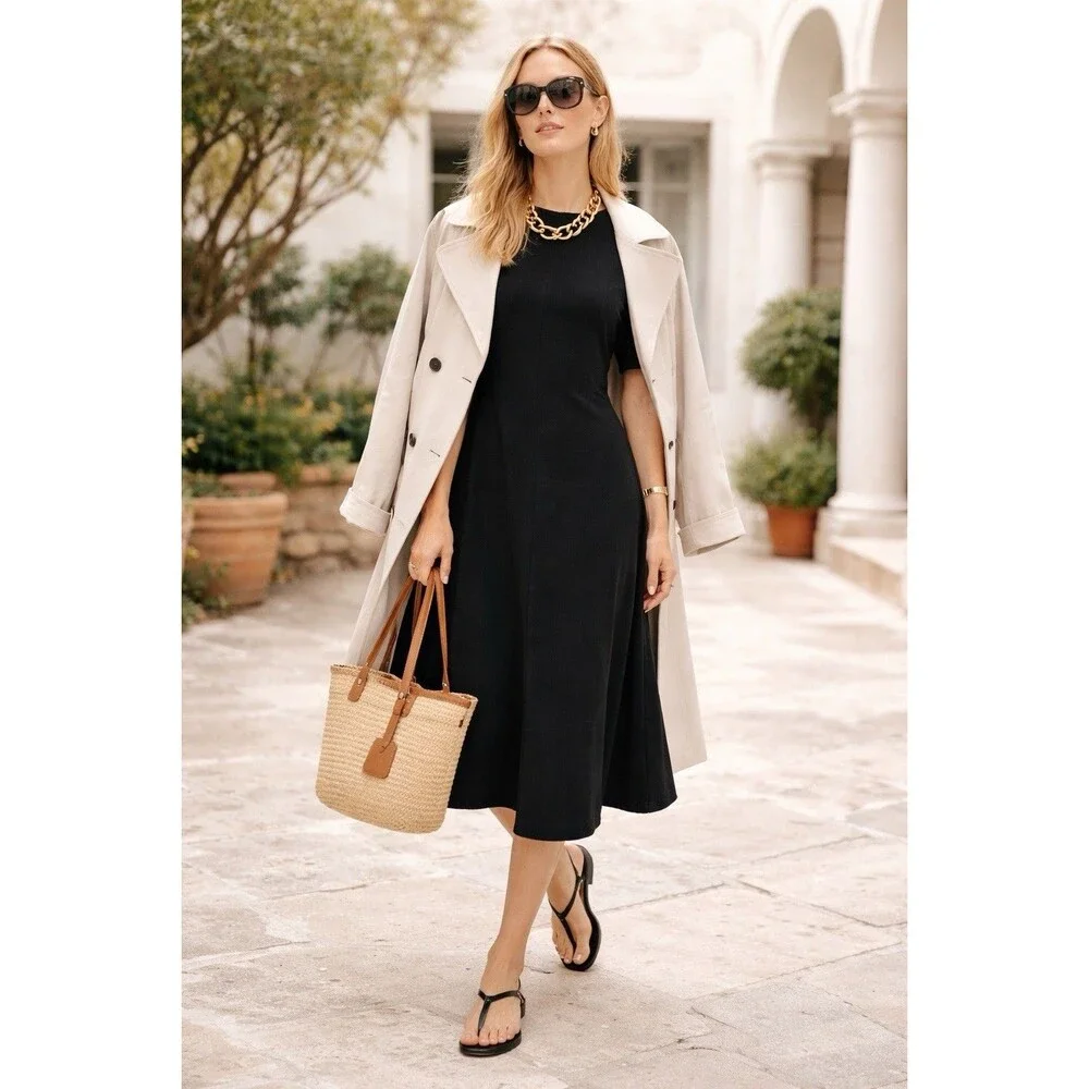 Tuckernuck Annalee Midi Dress XL Onyx Black Cinched Waist Cotton Blend Preppy